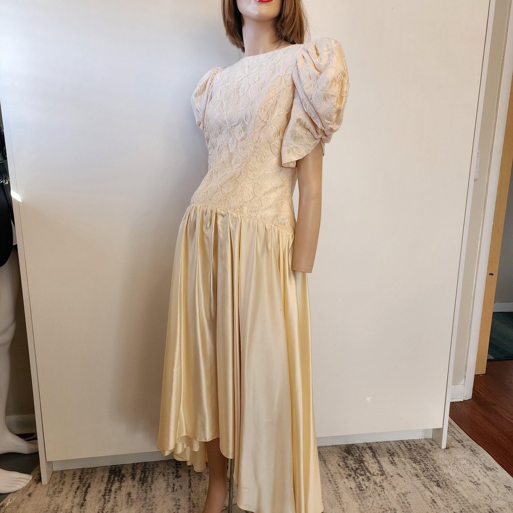 S Vintage Classic 80s Beige Lace & Satin Midi Cocktail Dress Vintage Party Dress